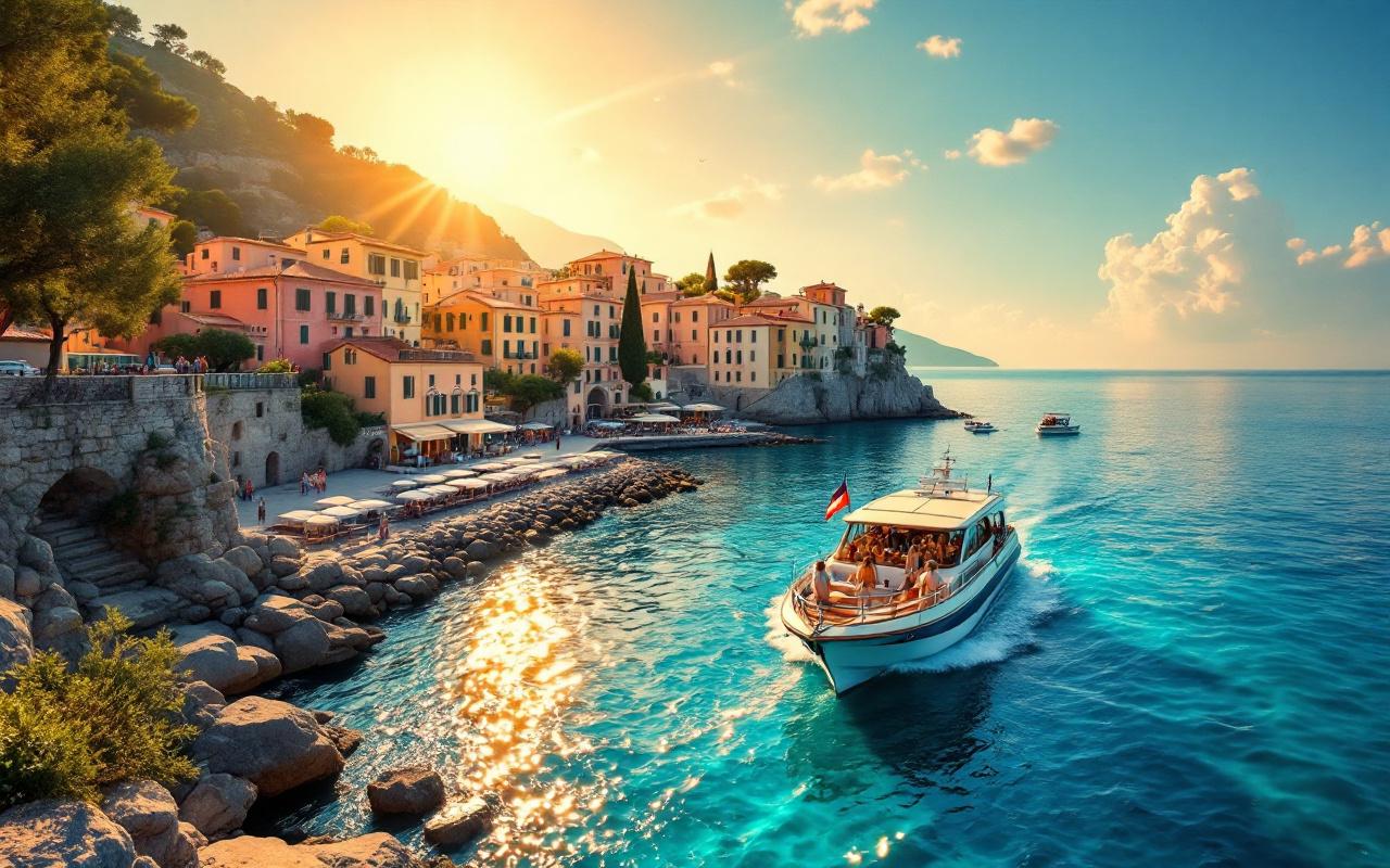 Bateau touristique s'approchant d'un petit village méditerranéen, mer azur scintillante, toits en terre cuite et quai en pierre, oliviers, passagers sur le pont sous un coucher de soleil doré.