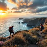 Deux randonneurs sur un sentier côtier escarpé, surplombant une baie isolée aux eaux bleu profond, herbes et fleurs sauvages balayées par le vent, lumière chaude du coucher de soleil créant un léger contre-jour volumétrique.