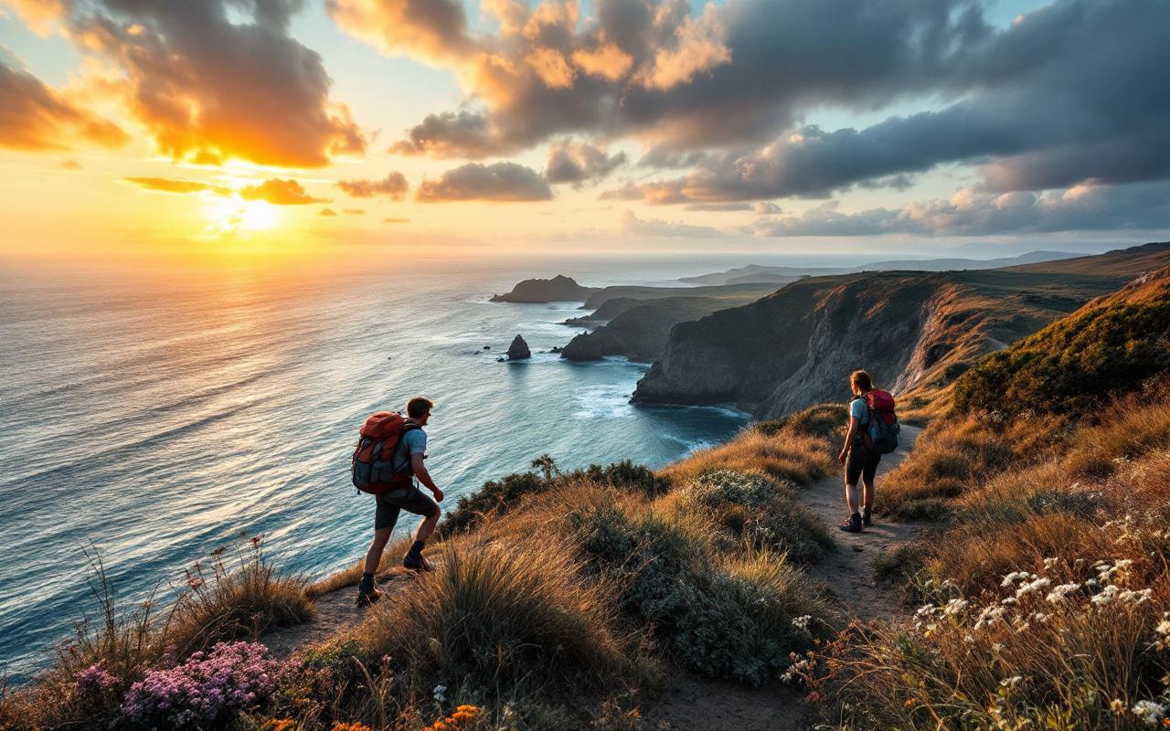 Deux randonneurs sur un sentier côtier escarpé, surplombant une baie isolée aux eaux bleu profond, herbes et fleurs sauvages balayées par le vent, lumière chaude du coucher de soleil créant un léger contre-jour volumétrique.