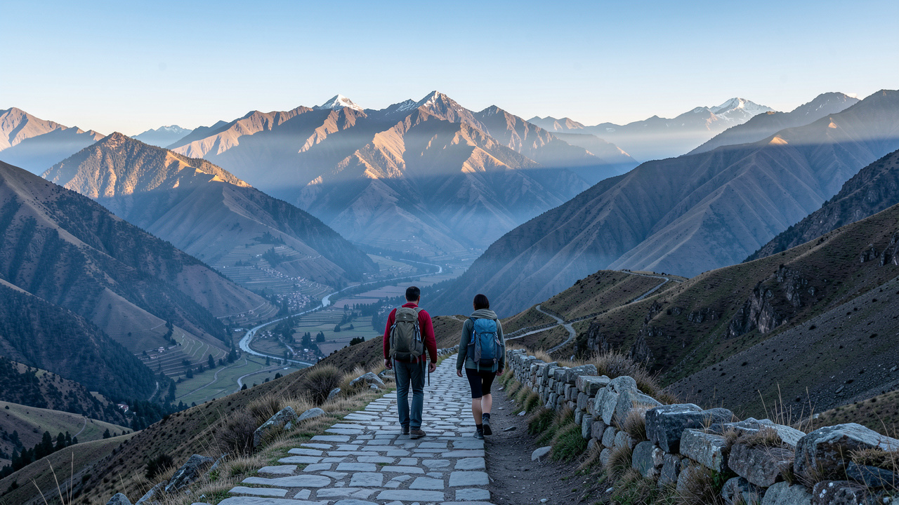 Vue panoramique des Andes péruviennes au lever du soleil, avec deux randonneurs sur un sentier de pierre dominant la Vallée Sacrée.