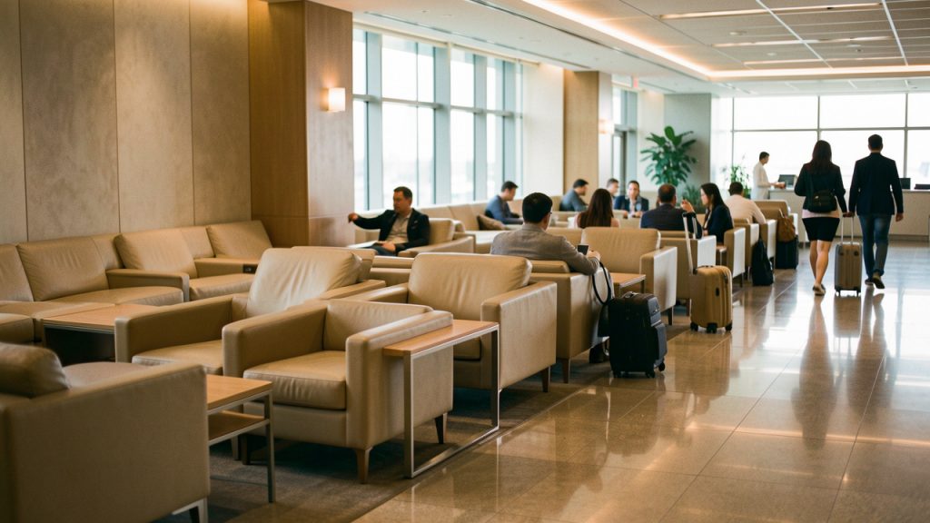 Intérieur d’un salon d’aéroport premium en correspondance, ambiance calme : sièges confortables, voyageurs avec bagages à main, éclairage doux et décor moderne.