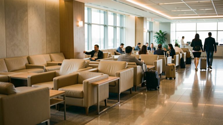 Intérieur d’un salon d’aéroport premium en correspondance, ambiance calme : sièges confortables, voyageurs avec bagages à main, éclairage doux et décor moderne.