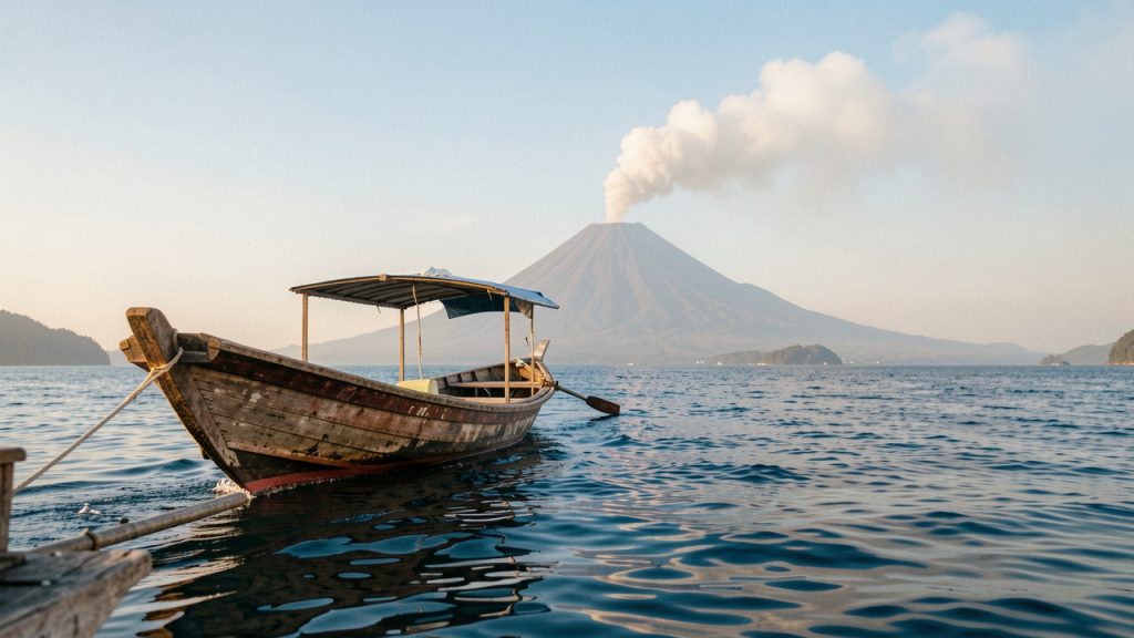 Bateau traditionnel indonésien naviguant sur une mer calme face au volcan Anak Krakatau, sous une douce lumière matinale et avec un léger panache au-dessus du cratère.