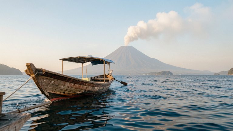 Bateau traditionnel indonésien naviguant sur une mer calme face au volcan Anak Krakatau, sous une douce lumière matinale et avec un léger panache au-dessus du cratère.