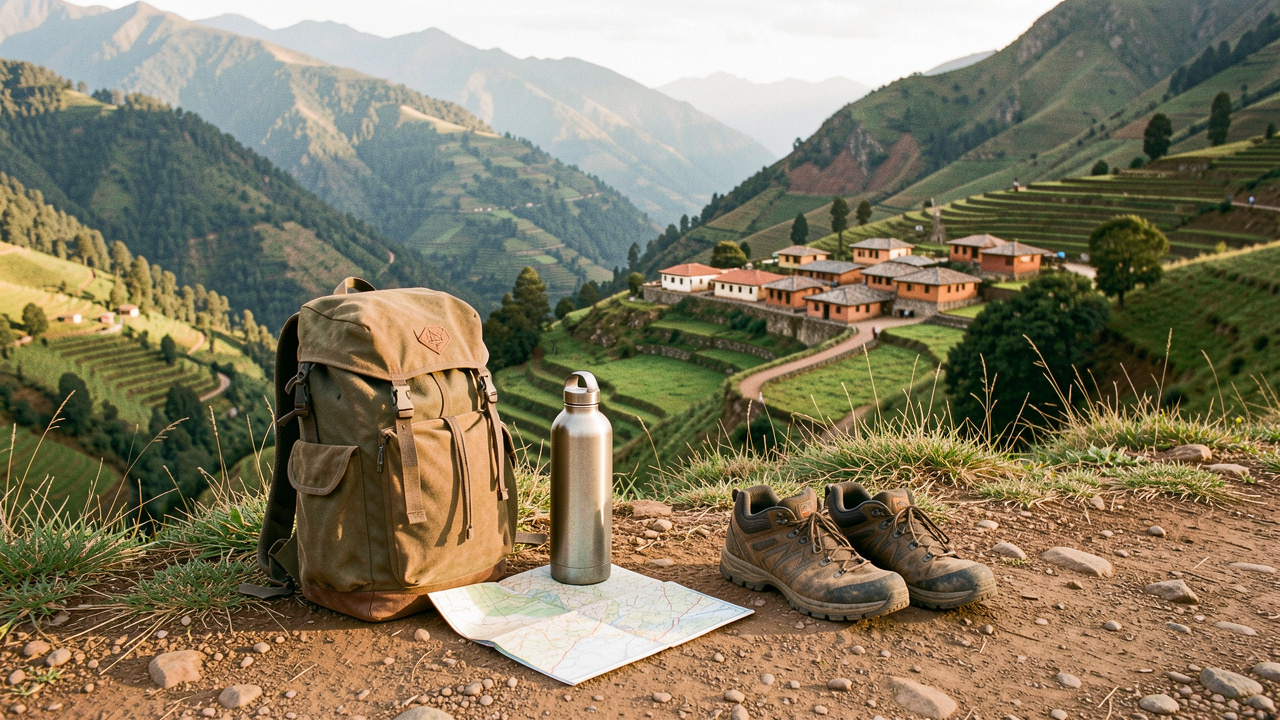 Sac à dos et chaussures de randonnée posés près d’un chemin montagneux surplombant des vallées andines verdoyantes et un village colonial paisible.