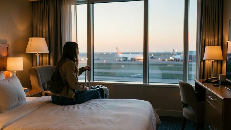 Une jeune voyageuse seule se repose dans une chambre d’hôtel près d’un aéroport à l’aube, avec sa valise et la piste éclairée visible par la fenêtre.