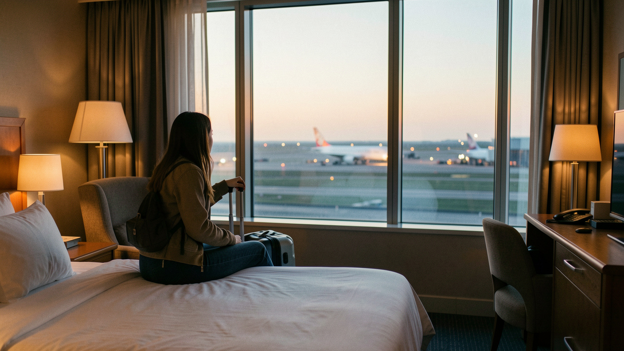 Une jeune voyageuse seule se repose dans une chambre d’hôtel près d’un aéroport à l’aube, avec sa valise et la piste éclairée visible par la fenêtre.