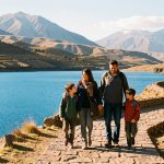 Une famille avec deux enfants marche sur un sentier de pierre de l’île du Soleil, face au lac Titicaca et aux collines en terrasses.