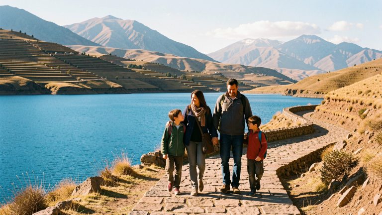 Une famille avec deux enfants marche sur un sentier de pierre de l’île du Soleil, face au lac Titicaca et aux collines en terrasses.