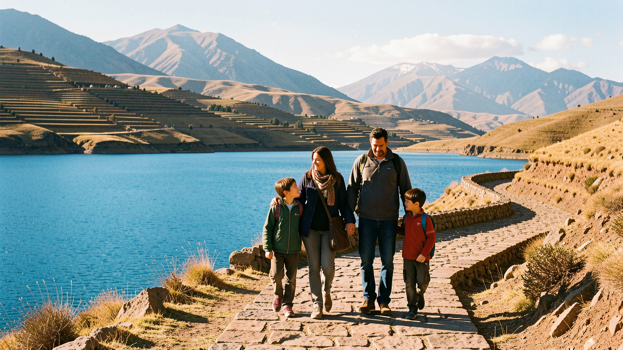 Une famille avec deux enfants marche sur un sentier de pierre de l’île du Soleil, face au lac Titicaca et aux collines en terrasses.