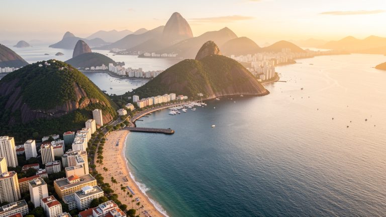Vue aérienne réaliste de Rio de Janeiro au lever du soleil, avec la baie de Guanabara, des montagnes verdoyantes et une plage urbaine.