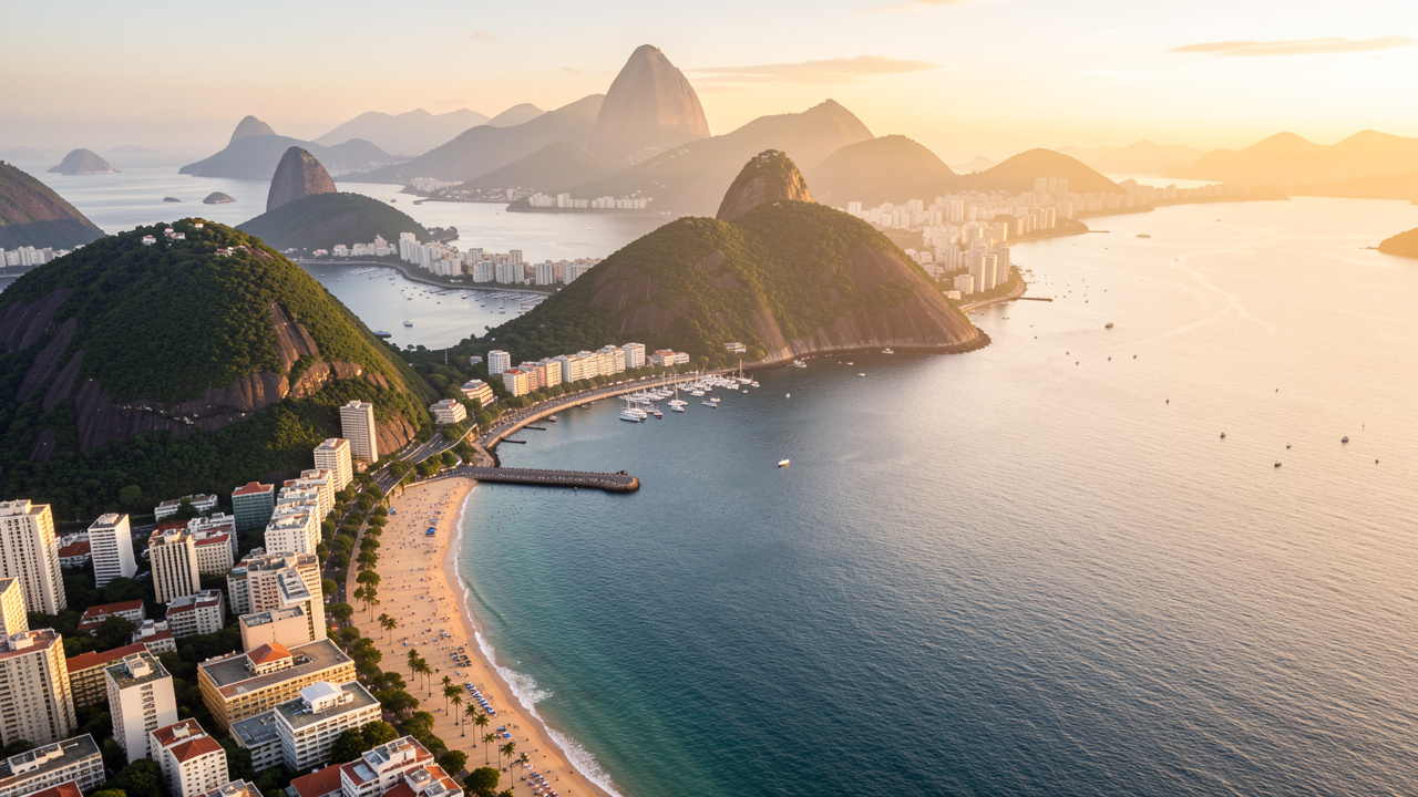 Vue aérienne réaliste de Rio de Janeiro au lever du soleil, avec la baie de Guanabara, des montagnes verdoyantes et une plage urbaine.