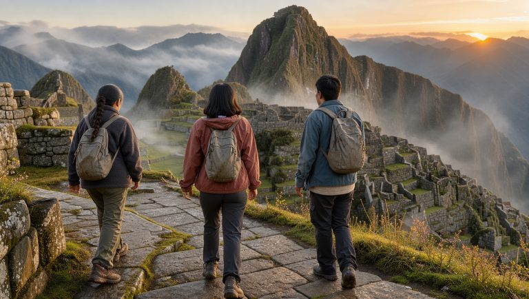 Vue cinématographique de Machu Picchu au lever du soleil, avec les terrasses incas baignées de lumière dorée, la brume matinale et les montagnes andines en arrière-plan, tandis que trois voyageurs avancent discrètement sur un chemin de pierre.