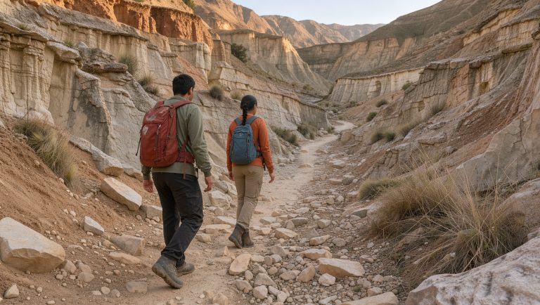 Un homme et une femme marchent sur un sentier rocheux entouré de canyons calcaires dans le parc national Torotoro en Bolivie, sous une douce lumière de fin d’après-midi.
