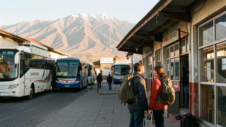 Un homme et une femme voyageurs portant des sacs à dos attendent devant un terminal de bus à La Paz, avec les montagnes de l’Altiplano en arrière-plan dans la lumière dorée du matin.