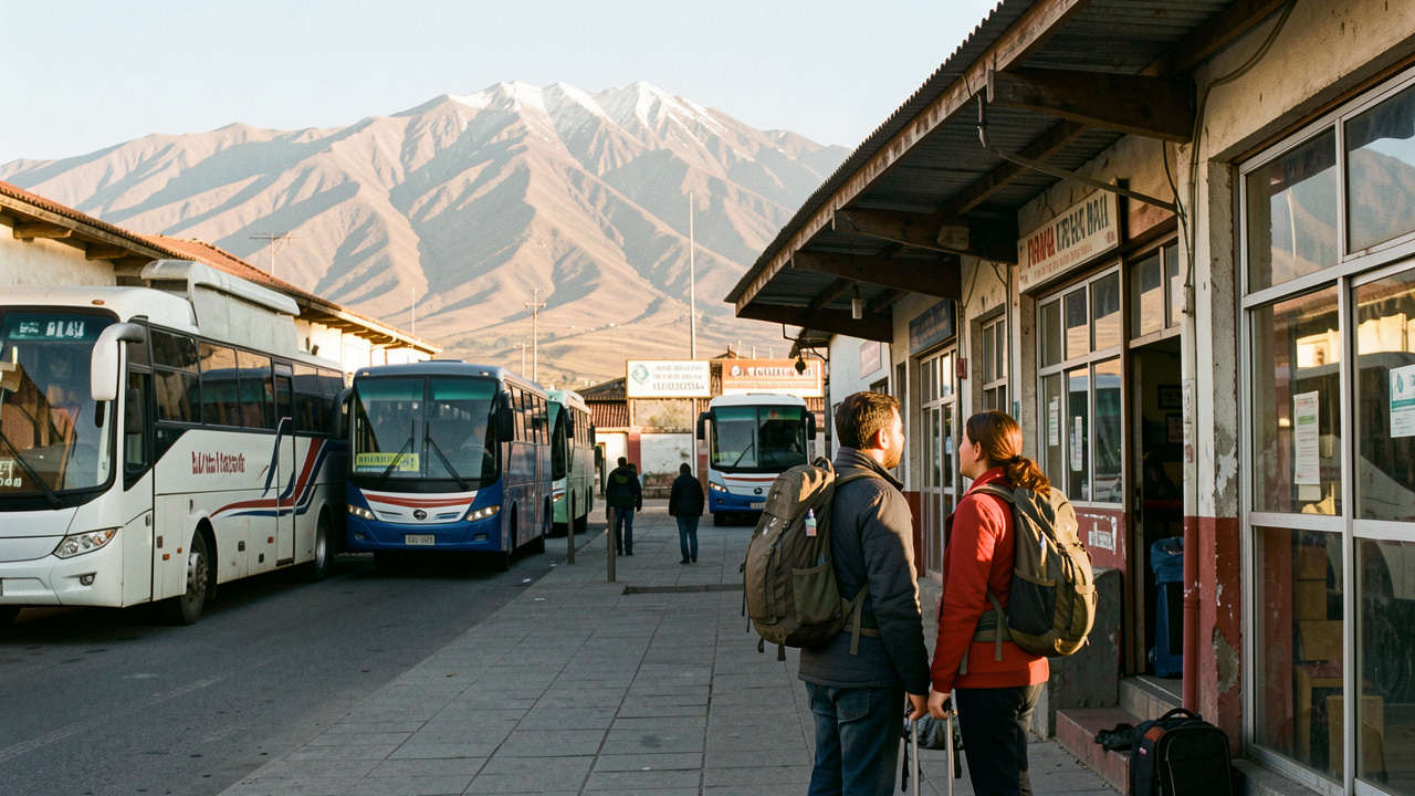 Un homme et une femme voyageurs portant des sacs à dos attendent devant un terminal de bus à La Paz, avec les montagnes de l’Altiplano en arrière-plan dans la lumière dorée du matin.