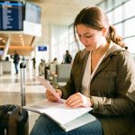 Voyageuse dans un aéroport international, assise avec une valise et un passeport ouvert accompagné de documents vierges, dans un terminal lumineux.
