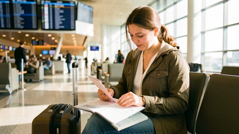 Voyageuse dans un aéroport international, assise avec une valise et un passeport ouvert accompagné de documents vierges, dans un terminal lumineux.