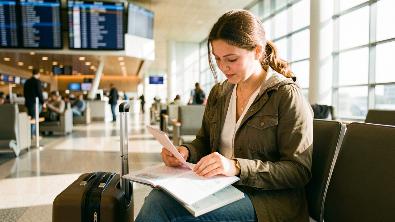 Voyageuse dans un aéroport international, assise avec une valise et un passeport ouvert accompagné de documents vierges, dans un terminal lumineux.