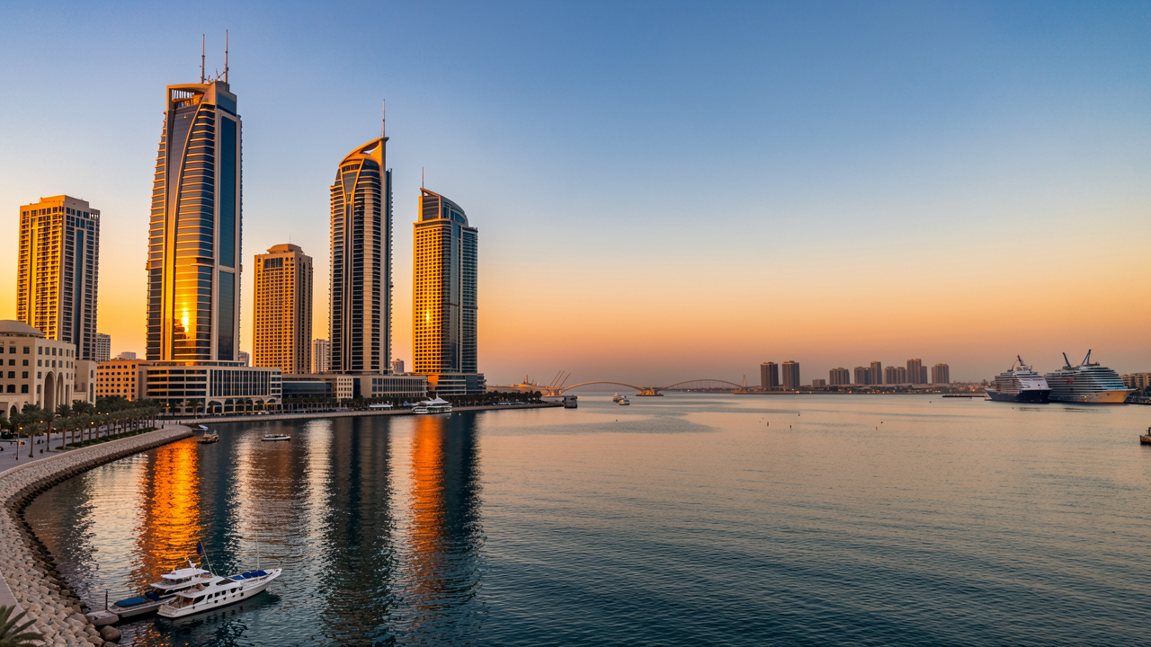 Vue panoramique de Manama au coucher du soleil, avec la baie calme, les gratte-ciel modernes illuminés et une atmosphère élégante au Bahreïn.